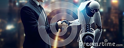 Robot and businessman in handshake. Concept of human robot relationships. AI generated image Stock Photo