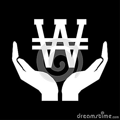 Hands and money currency KOREA WON sign. Take care money sign white on black background eps ten Stock Photo