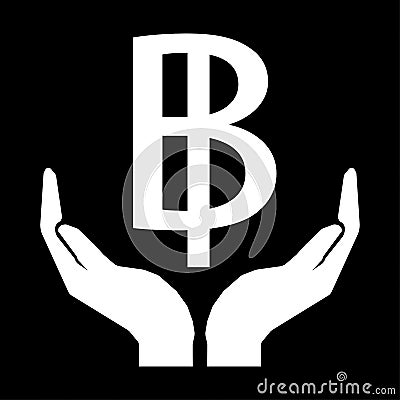 Hands and money currency THAILAND BAHT sign white on black background Vector Illustration