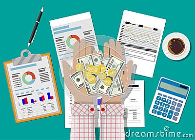 Hands with money and financial reports Vector Illustration