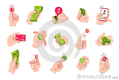 Hands with money. Minimalistic doodle hands holding coins cash money and paying with smartphone fitness tracker . Vector Vector Illustration