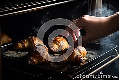 Hands of mother putting burnt croissants out of oven, created with Generative AI technology Stock Photo