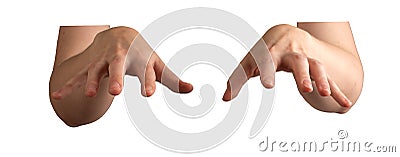 Hands in motion, reaching forward, fingers slightly curved, palms open, hovering over an unseen Stock Photo