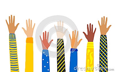 Hands of people with different skin colors, different nationalities and religions. Activists, feminists and other communities Vector Illustration