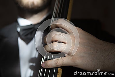 Hands of a musician playing on a contrabass closeup Stock Photo