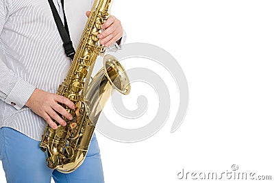 Hands musician playing the sax Stock Photo