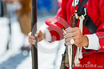 Hands of a musketeer holding a musekt Stock Photo