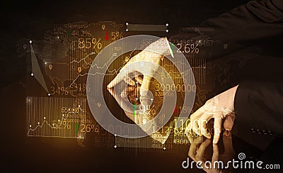 Hands navigate on high tech smart table with business icons Stock Photo