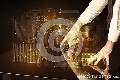 Hands navigate on high tech smart table with business icons Stock Photo