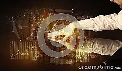 Hands navigate on high tech smart table with business icons Stock Photo