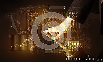 Hands navigate on high tech smart table with business icons Stock Photo