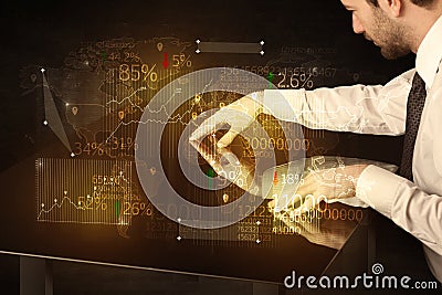 Hands navigate on high tech smart table with business icons Stock Photo