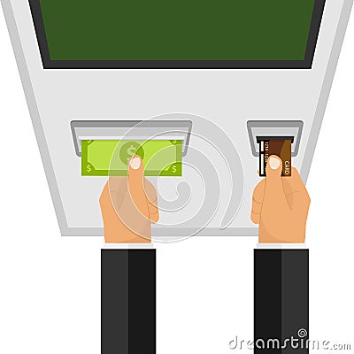 The hands near the ATM withdraw money from the card Vector Illustration