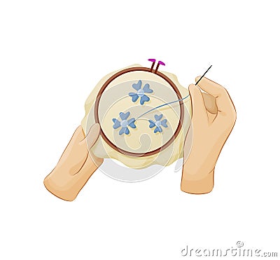 Hands with needle and thread embroidering flowers on canvas Vector Illustration