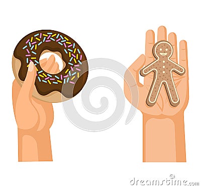 Hands offers sweetness with cake vector arm holding chocolate confectionery sweet confection seduction, no diet. not Vector Illustration