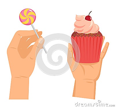 Hands offers sweetness with cake vector arm holding chocolate confectionery sweet confection seduction, no diet. not Vector Illustration