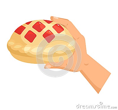 Hands offers sweetness with cake vector arm holding chocolate confectionery sweet confection seduction, no diet. not Vector Illustration