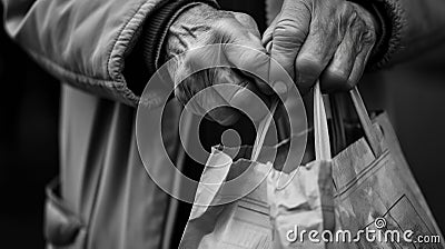 hands of an old woman with a bag in hand generative ai Stock Photo