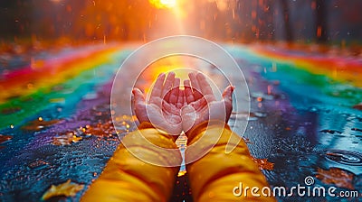Hands Open in the Rain. Hands reaching out towards a colorful reflection on a wet surface. Stock Photo