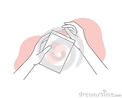 Hands opening sheet mask against problematic skin Vector Illustration