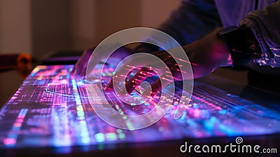 Hands over a neon-lit interactive digital table with touch-sensitive controls Cartoon Illustration