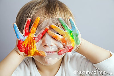 Hands painted in colorful paints Stock Photo