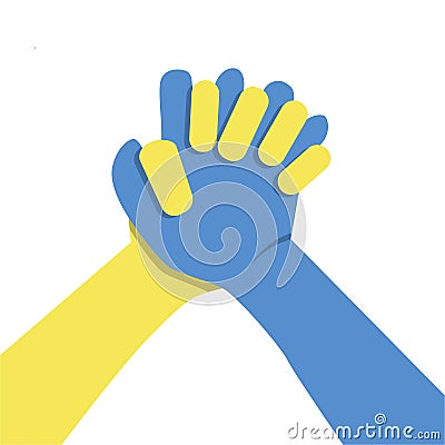 hands painted in Ukraine Sweden flag colors yellow-blue holding. Stop the war and the power of Ukraine Vector Illustration