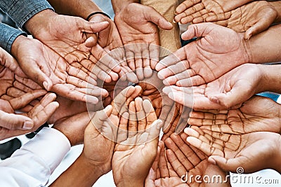 Hands, palm and diversity of people in circle of charity, support and community together from above. Closeup, helping Stock Photo