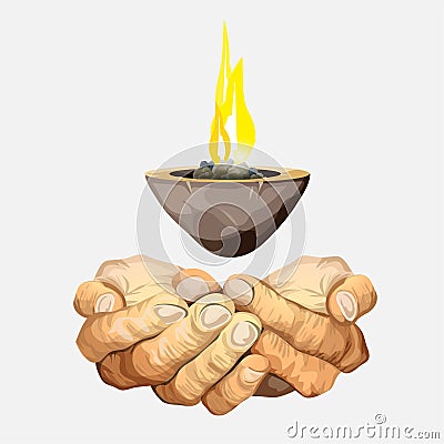 Hands or palms folded together. Magic candlestick hanging in the air. Beautiful sacral candle flame. Cartoon vector illustration Cartoon Illustration
