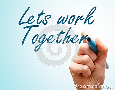 Hands with pen writing on screen lets work together. Stock Photo