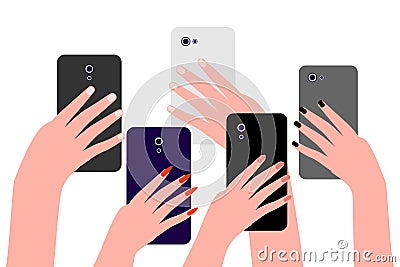 Hands of people with cell phones. Group of people men and women take photos, videos on smartphone. Record of an Vector Illustration