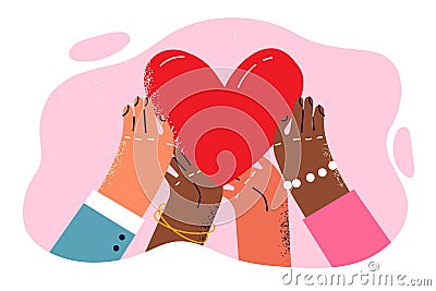 Hands people of different races and nationalities reach for heart symbolizing mercy and charity Vector Illustration