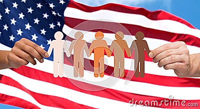 Hands with people pictogram over american flag Stock Photo