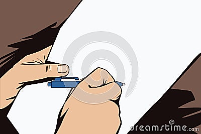 Hands of people in the style of pop art and old comics. Blank sheet of paper for your message in the man's hand Vector Illustration