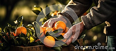 hands of person gardener harvest ripe oranges in garden in summer. Generative AI illustration Cartoon Illustration