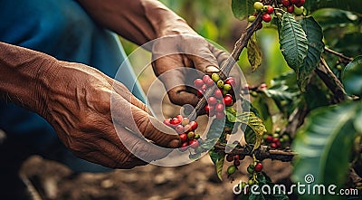 hands holding a bunch of coffee beans, harvest for coffee beans, close-up of hands picking up of coffee beans Stock Photo