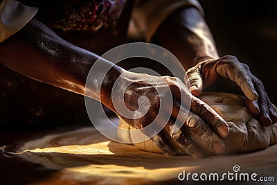 hands of a person kneading dough. The hands look alive and the motion seems automatic, suggesting that the person is experienced Stock Photo