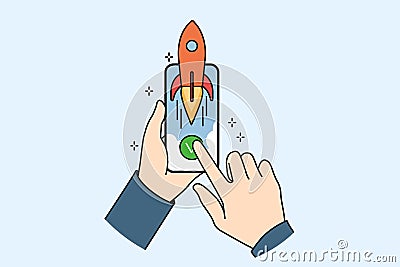 Hands and phone with rocket symbolizing fast internet and high-quality network for using mobile apps Vector Illustration