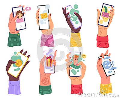 Hands with phones. Millennials woman hand holding smartphone with email application internet music player and online Vector Illustration