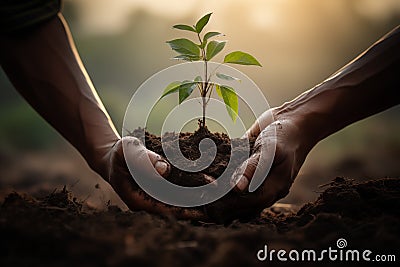 Hands Planting a tree into a fresh soil Stock Photo