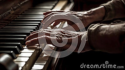 Hands playing a grand piano closeup with a dramatic interplay of light and shadow highlighting. Generative AI Cartoon Illustration