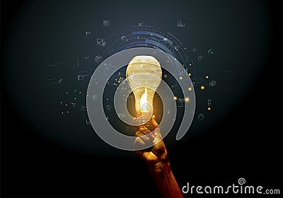 Hands pointing Light bulb on dark background - New icon business - creativity idea and concept - background innovation technology Stock Photo