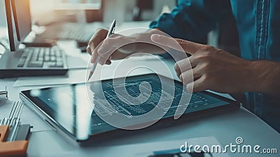 Hands Pointing to Dynamic Data on Tablet Screen Stock Photo