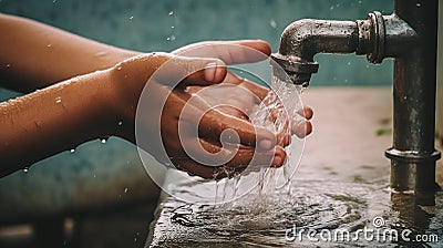 Hands of a poor child under a water tap. Generative AI Stock Photo