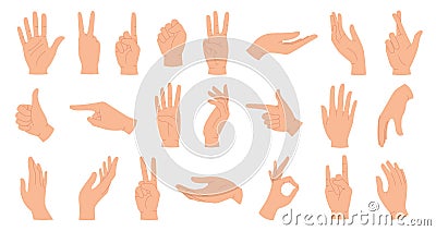 Hands poses. Female hand holding and pointing gestures, fingers crossed, fist, peace and thumb up. Cartoon human palms Vector Illustration