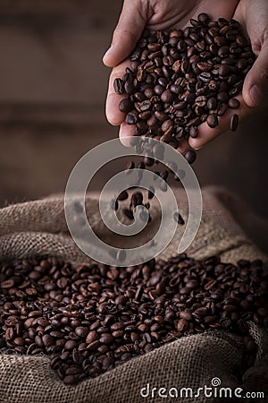 Hands pouring coffee beans to sack Stock Photo