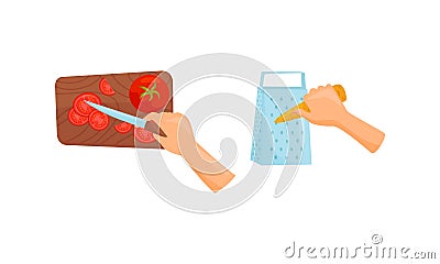 Hands Preparing Food Chopping Tomato and Grating Carrot Vector Set Vector Illustration