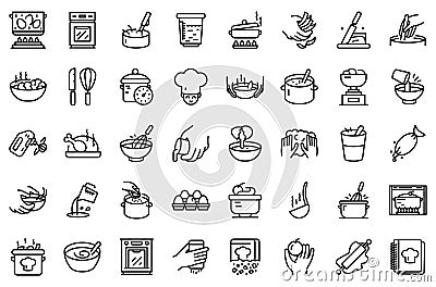 Hands preparing foods icons set, outline style Stock Photo