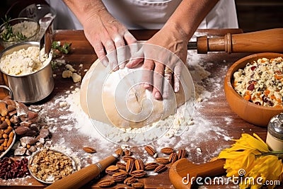 hands preparing homemade panettone dough on a wooden board Stock Photo