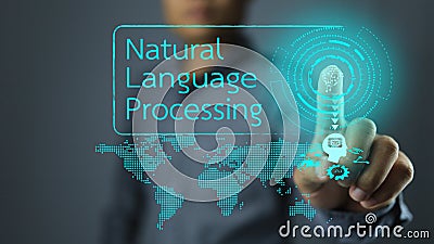 Hands are pressing brain virtual screens to enable natural language processing or NLP Stock Photo